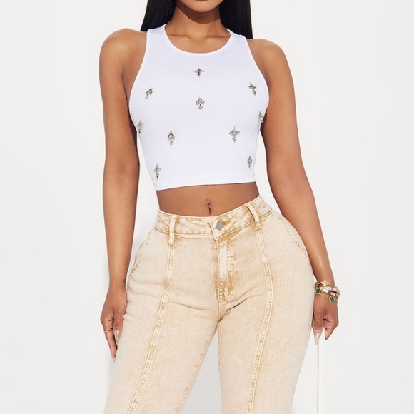 Chrome Cross Charm Tank Top in White | Edgy embellished crop tank top - Picture 5 of 6